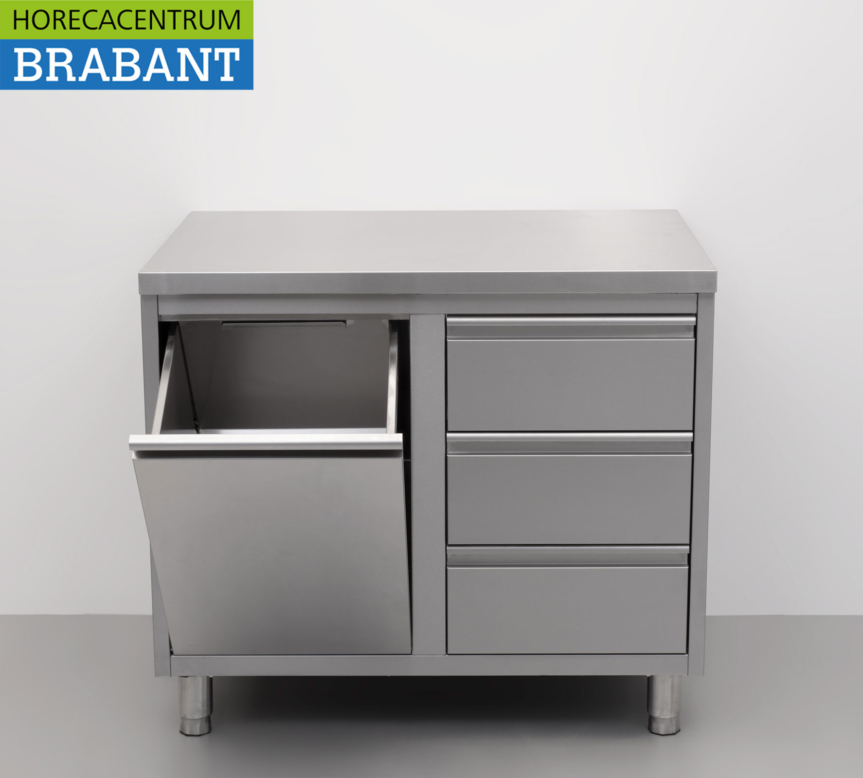 HCB Edelstahl Arbeitsschrank Schrank Arbeitstisch Abfalleimer und 3 Schubladen 100 cm Premium-line Horeca – Bild 4