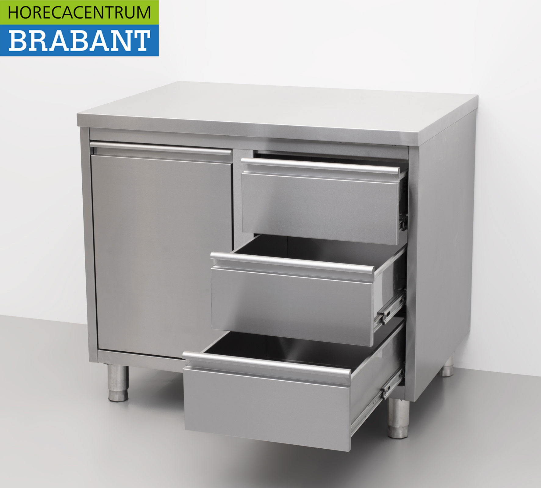 HCB Edelstahl Arbeitsschrank Schrank Arbeitstisch Abfalleimer und 3 Schubladen 100 cm Premium-line Horeca – Bild 5