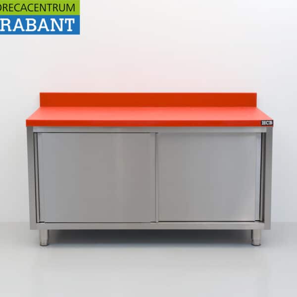 Edelstahl Polyethylen PE Arbeitsschrank Schrank Schneidetisch Premium-line 2 Schiebetüren 150 cm Catering Metzgerei