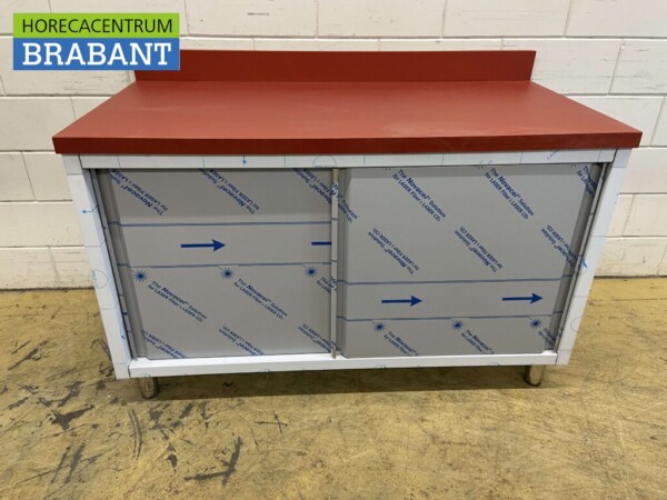 Edelstahl Polyethylen PE Arbeitsschrank Schrank Schneidetisch Premium-line 2 Schiebetüren 140 cm Catering Metzgerei