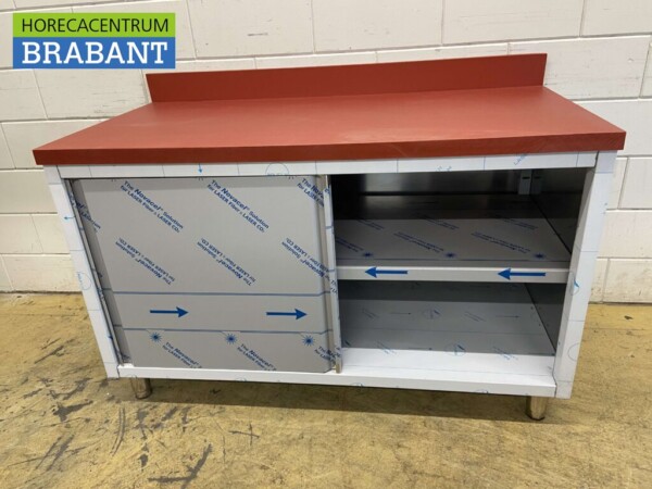 Edelstahl Polyethylen PE Arbeitsschrank Schrank Schneidetisch Premium-line 2 Schiebetüren 140 cm Catering Metzgerei – Bild 4