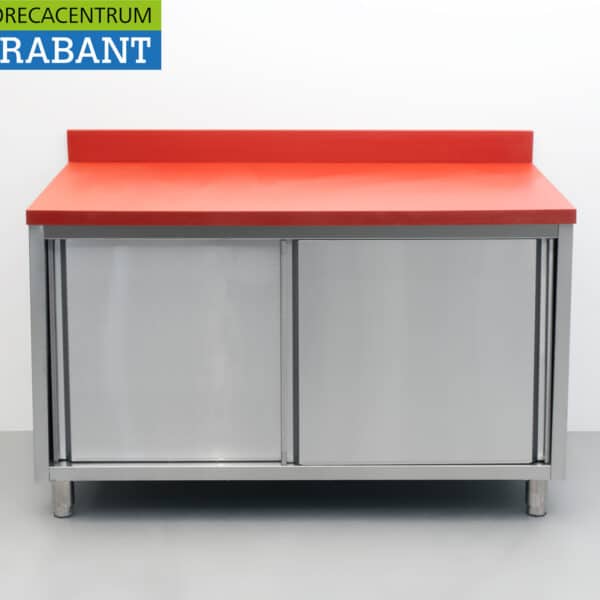 HCB Edelstahl-Polyethylen-PE-Arbeitsschrank, Schneidetisch, Premium-Line, 2 Schiebetüren, 140 cm, Gastronomie, Metzgerei