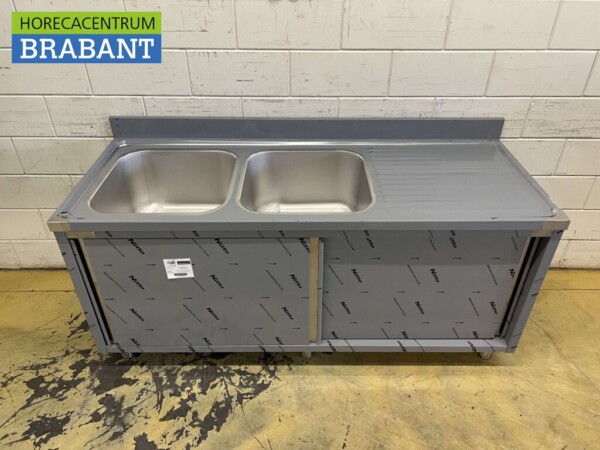 Edelstahl Doppelspültisch 2 Schiebetüren Premium-line 180 cm Catering – Bild 2