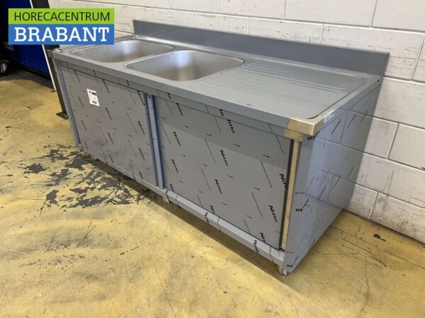 Edelstahl Doppelspültisch 2 Schiebetüren Premium-line 180 cm Catering – Bild 3