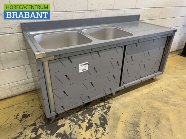 Edelstahl Doppelspültisch 2 Schiebetüren Premium-line 180 cm Catering – Bild 4