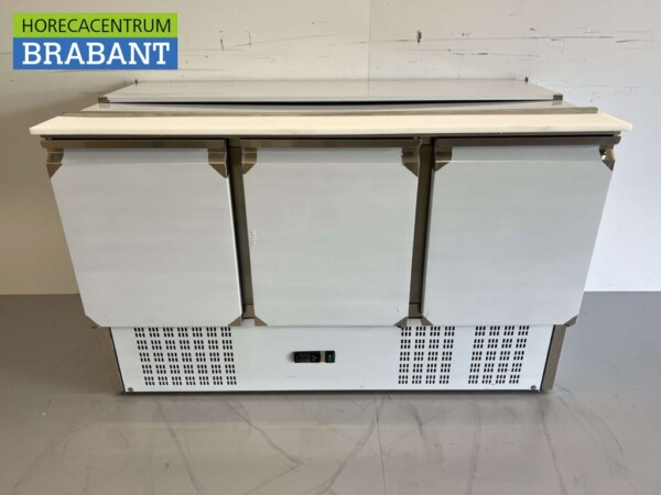 Edelstahl Saladette Gekühlte Arbeitsplatte 3 Türen 1/1 GN 137 cm 230V Horeca