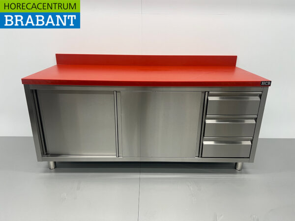 Edelstahl Polyethylen PE Arbeitsschrank Schrank Schneidetisch Premium-line 2 Schiebetüren 3 Schubladen 180 cm Gastronomie Metzgerei