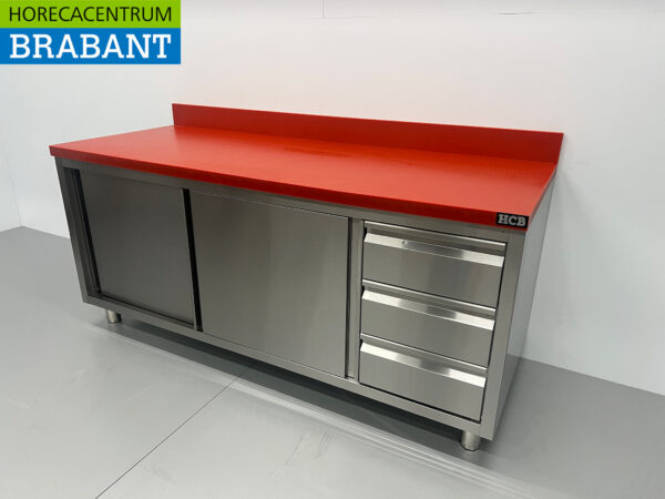 Edelstahl Polyethylen PE Arbeitsschrank Schrank Schneidetisch Premium-line 2 Schiebetüren 3 Schubladen 180 cm Gastronomie Metzgerei – Bild 2