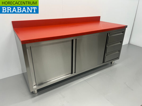 Edelstahl Polyethylen PE Arbeitsschrank Schrank Schneidetisch Premium-line 2 Schiebetüren 3 Schubladen 180 cm Gastronomie Metzgerei – Bild 3