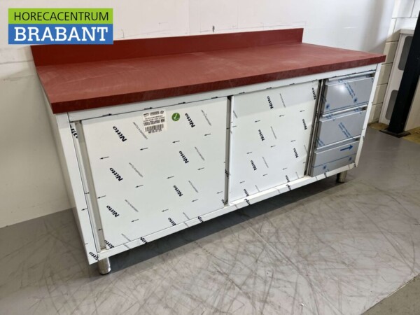 Edelstahl Polyethylen PE Arbeitsschrank Schrank Schneidetisch Premium-line 2 Schiebetüren 3 Schubladen 180 cm Gastronomie Metzgerei – Bild 3
