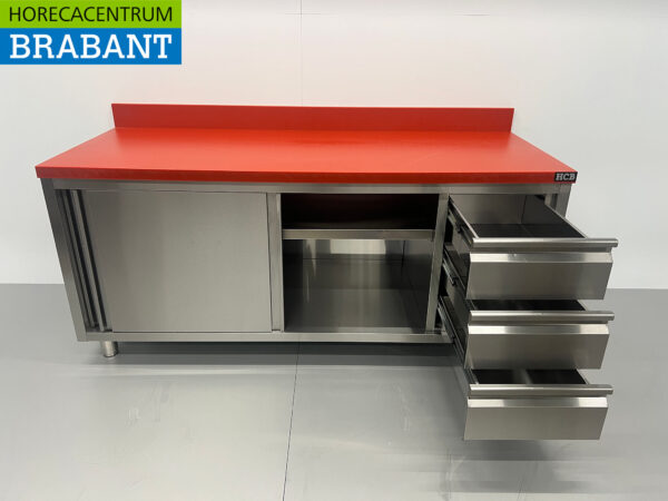 Edelstahl Polyethylen PE Arbeitsschrank Schrank Schneidetisch Premium-line 2 Schiebetüren 3 Schubladen 180 cm Gastronomie Metzgerei – Bild 4
