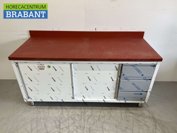 Edelstahl Polyethylen PE Arbeitsschrank Schrank Schneidetisch Premium-line 2 Schiebetüren 3 Schubladen 180 cm Gastronomie Metzgerei – Bild 4