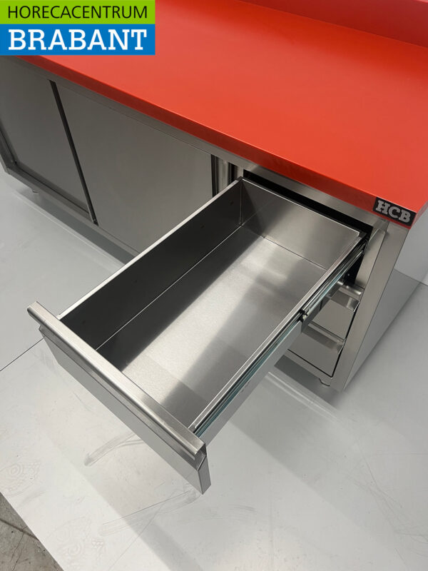 Edelstahl Polyethylen PE Arbeitsschrank Schrank Schneidetisch Premium-line 2 Schiebetüren 3 Schubladen 180 cm Gastronomie Metzgerei – Bild 5