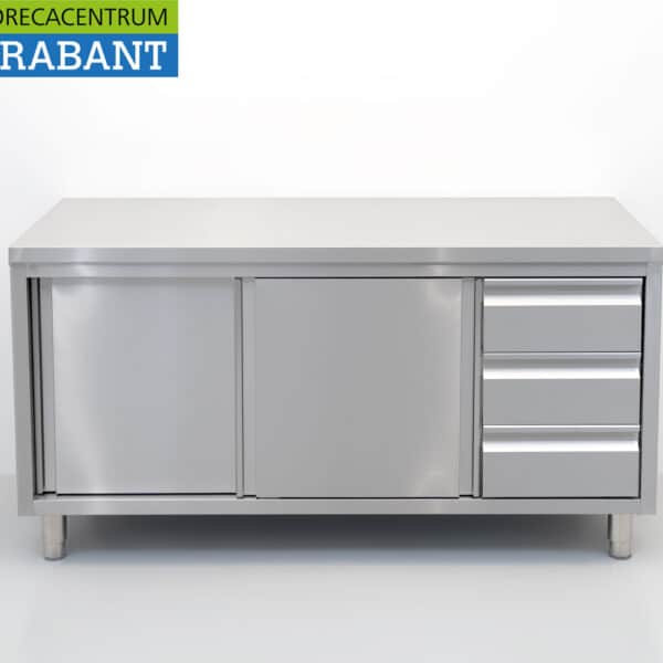 HCB Edelstahl-Arbeitsschrank, Arbeitsplatte der Premium-Line, 2 Schiebetüren und 3 Schubladen, 160 cm, Gastronomie