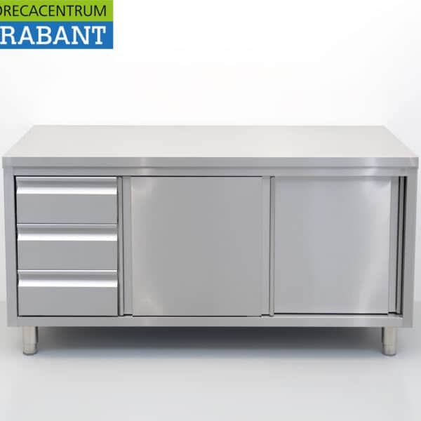 HCB Edelstahl-Arbeitsschrank, Arbeitsplatte der Premium-Line, 2 Schiebetüren und 3 Schubladen, 160 cm, Gastronomie