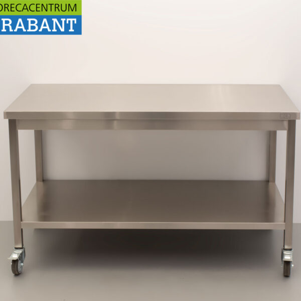 HCB Edelstahl Mobiler Arbeitstisch auf Rädern 140 x 70 x 85 cm Catering