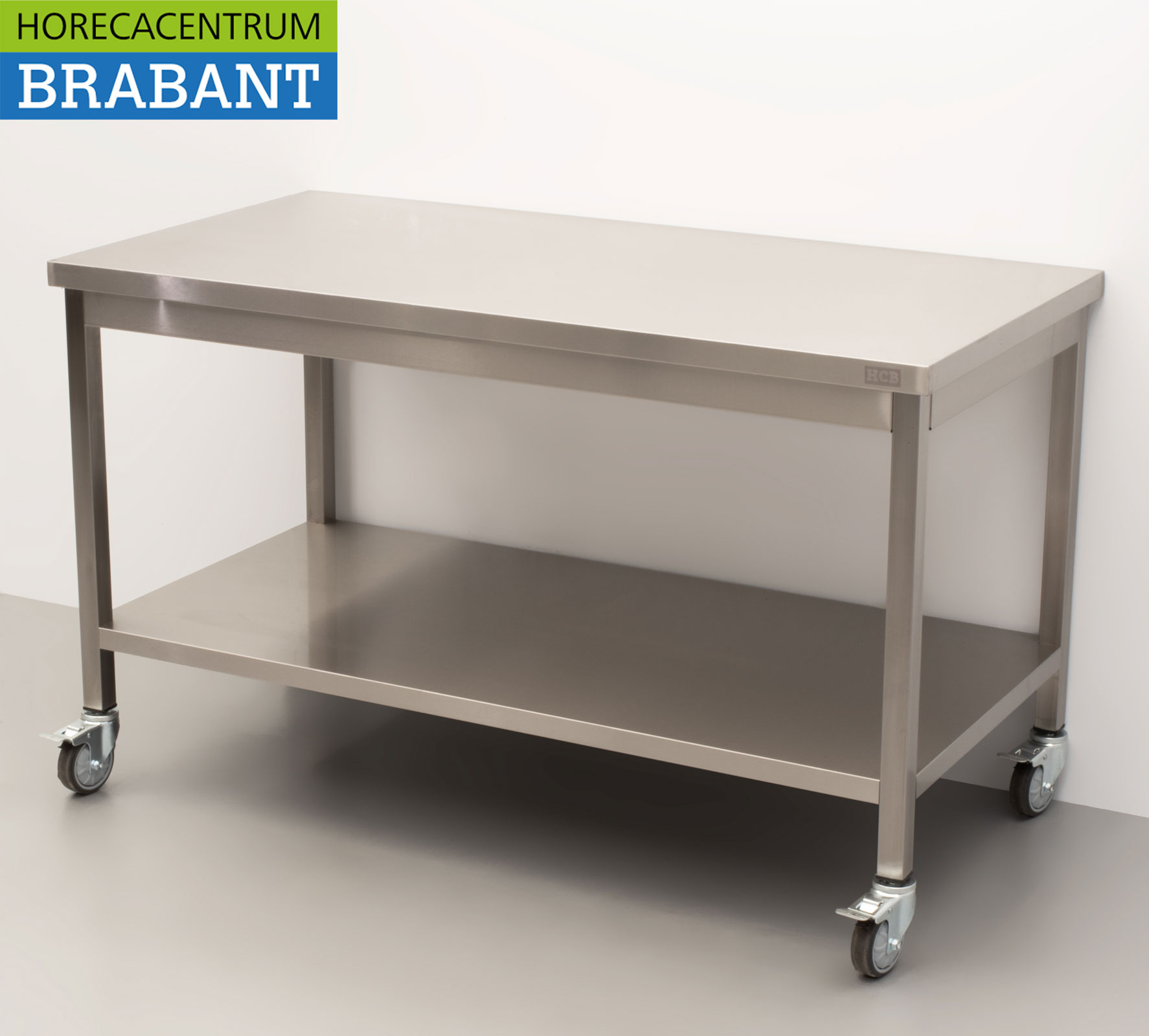 HCB Edelstahl Mobiler Arbeitstisch auf Rädern 140 x 70 x 85 cm Catering – Bild 2