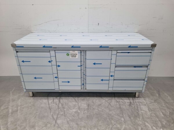 Edelstahl Arbeitsschrank Schrank Arbeitstisch 2 Flügeltüren und 3 Schubladen und Abfallbehälter 180 cm Catering