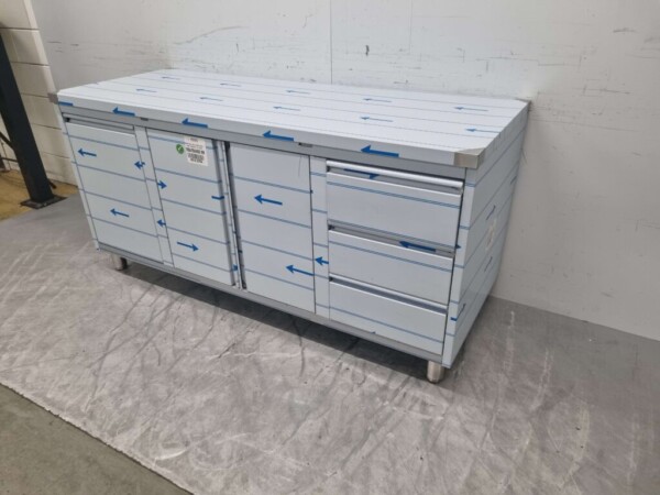 Edelstahl Arbeitsschrank Schrank Arbeitstisch 2 Flügeltüren und 3 Schubladen und Abfallbehälter 180 cm Catering – Bild 2