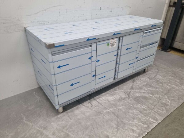 Edelstahl Arbeitsschrank Schrank Arbeitstisch 2 Flügeltüren und 3 Schubladen und Abfallbehälter 180 cm Catering – Bild 3