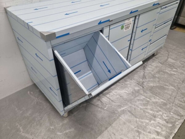 Edelstahl Arbeitsschrank Schrank Arbeitstisch 2 Flügeltüren und 3 Schubladen und Abfallbehälter 180 cm Catering – Bild 5