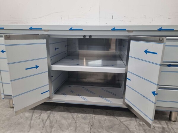 Edelstahl Arbeitsschrank Schrank Arbeitstisch 2 Flügeltüren und 3 Schubladen und Abfallbehälter 180 cm Catering – Bild 7