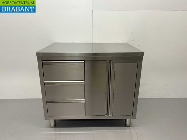 Edelstahl Arbeitsschrank Arbeitstisch 2 Flügeltüren und 3 Schubladen 100 cm Catering