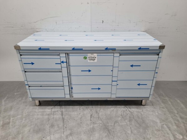 Edelstahl Arbeitsschrank Schrank Arbeitstisch 2 Flügeltüren, 3 Schubladen und Abfalleimer 160 cm Catering
