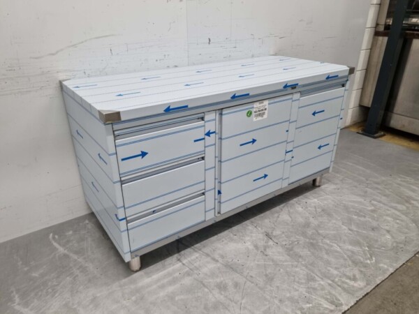 Edelstahl Arbeitsschrank Schrank Arbeitstisch 2 Flügeltüren, 3 Schubladen und Abfalleimer 160 cm Catering – Bild 2