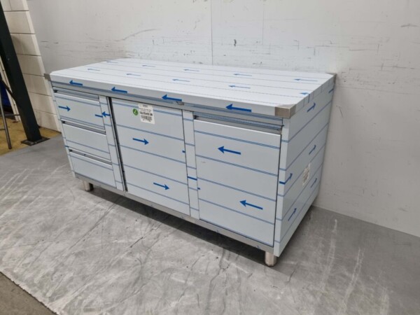Edelstahl Arbeitsschrank Schrank Arbeitstisch 2 Flügeltüren, 3 Schubladen und Abfalleimer 160 cm Catering – Bild 3