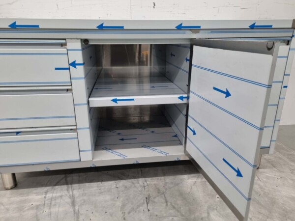 Edelstahl Arbeitsschrank Schrank Arbeitstisch 2 Flügeltüren, 3 Schubladen und Abfalleimer 160 cm Catering – Bild 6
