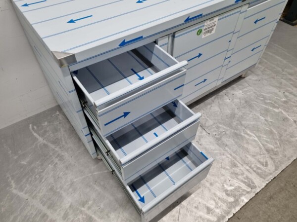 Edelstahl Arbeitsschrank Schrank Arbeitstisch 2 Flügeltüren, 3 Schubladen und Abfalleimer 160 cm Catering – Bild 7
