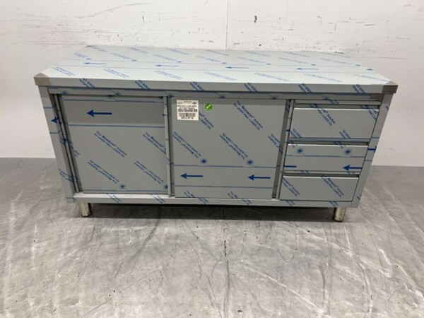 Edelstahl Arbeitsschrank Arbeitstisch 2 Schiebetüren und 3 Schubladen 160 cm Catering