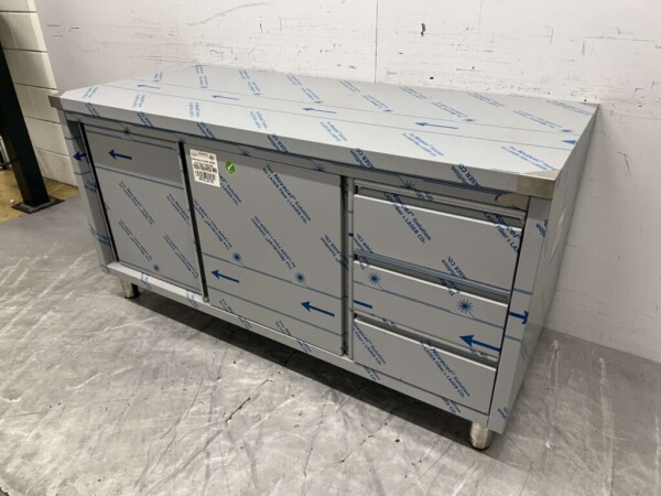 Edelstahl Arbeitsschrank Arbeitstisch 2 Schiebetüren und 3 Schubladen 160 cm Catering – Bild 2