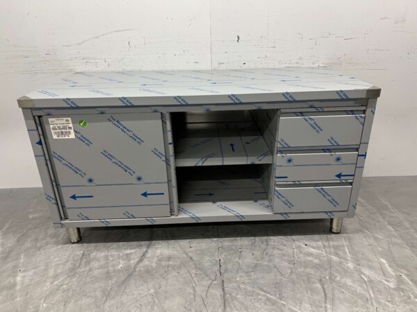 Edelstahl Arbeitsschrank Arbeitstisch 2 Schiebetüren und 3 Schubladen 160 cm Catering – Bild 4