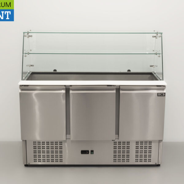 HCB Edelstahl Saladette Gekühlte Werkbank 3 Türen 1/1 GN mit Glasplatte 137 cm 230V Horeca