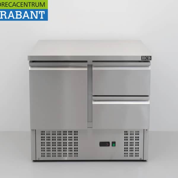 HCB Edelstahl-Kühlarbeitsplatte mit 1 Tür und 2 Schubladen, 90 cm, 230 V, Gastronomie