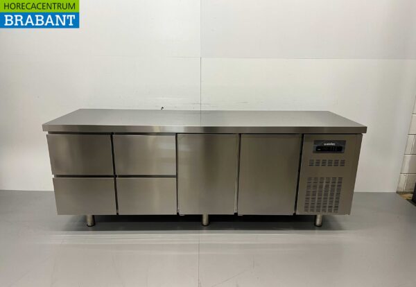 Edelstahl Coreco Premium gekühlte Werkbank 4 Schubladen und 2 Türen 1/1 Gastronorm 224,5 cm Horeca