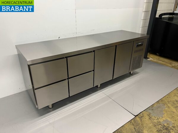 Edelstahl Coreco Premium gekühlte Werkbank 4 Schubladen und 2 Türen 1/1 Gastronorm 224,5 cm Horeca – Bild 2