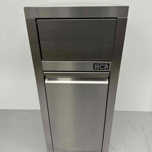 Edelstahl Mobiler Abfallbehälter Abfallbehälter Premium-line Schiebedeckel Kipptür 50 Liter Catering