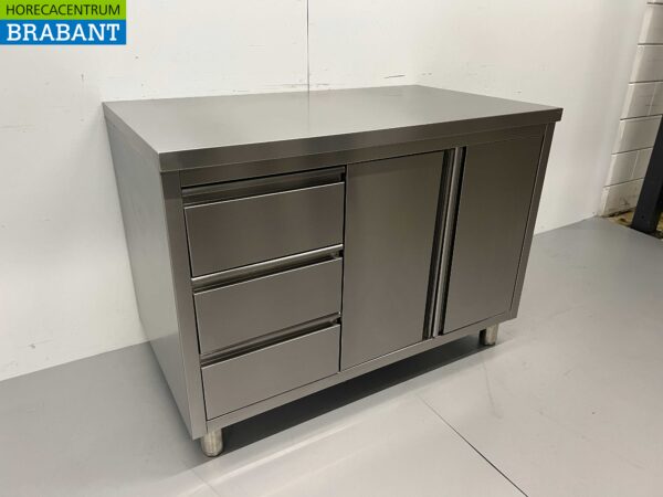 Edelstahl Arbeitsschrank Arbeitstisch 2 Flügeltüren und 3 Schubladen 120 cm Catering – Bild 2
