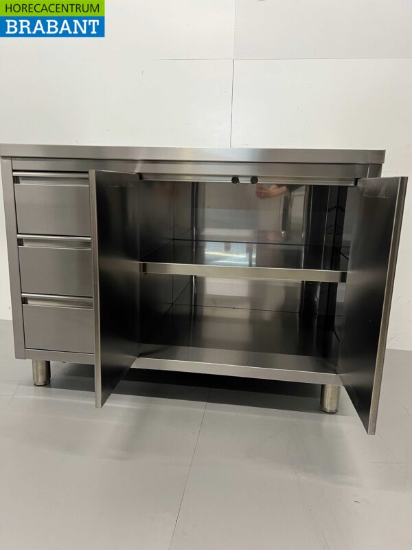 Edelstahl Arbeitsschrank Arbeitstisch 2 Flügeltüren und 3 Schubladen 120 cm Catering – Bild 4