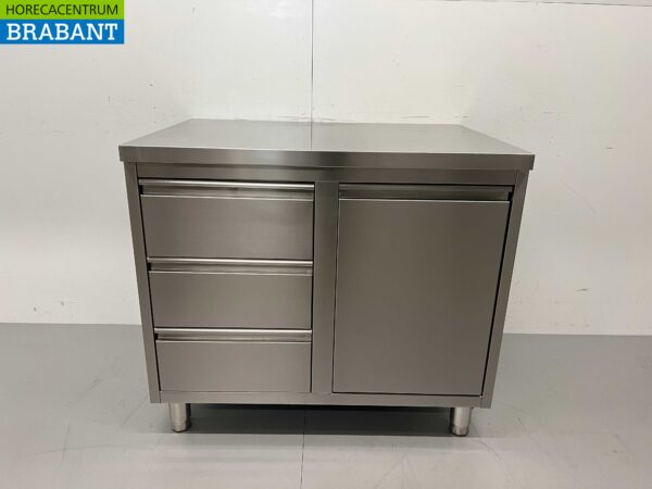 Edelstahl Arbeitsschrank Arbeitstisch Abfalleimer und 3 Schubladen 100 cm Horeca