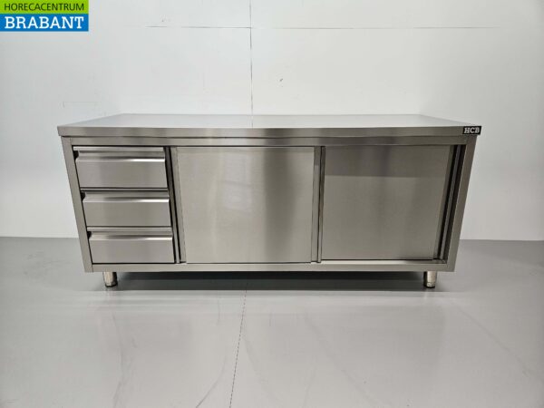 Edelstahl Arbeitsschrank Schrank Arbeitstisch Premium-line 2 Schiebetüren und 3 Schubladen 180 cm Catering