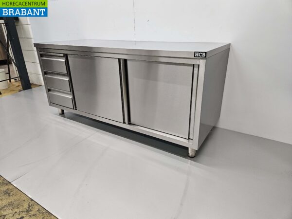Edelstahl Arbeitsschrank Schrank Arbeitstisch Premium-line 2 Schiebetüren und 3 Schubladen 180 cm Catering – Bild 2