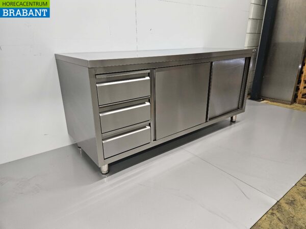 Edelstahl Arbeitsschrank Schrank Arbeitstisch Premium-line 2 Schiebetüren und 3 Schubladen 180 cm Catering – Bild 3
