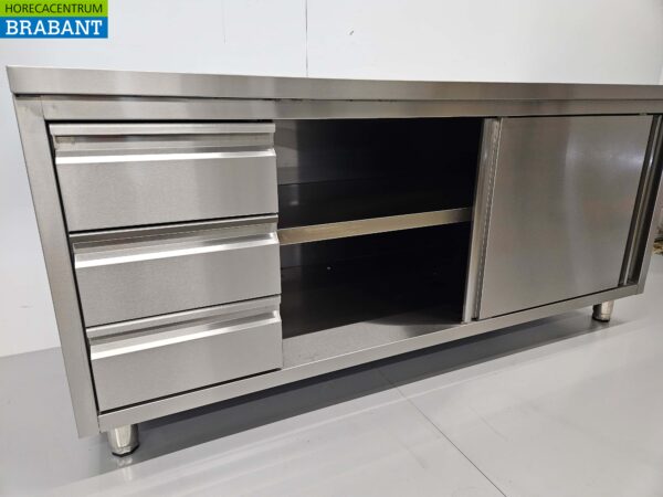 Edelstahl Arbeitsschrank Schrank Arbeitstisch Premium-line 2 Schiebetüren und 3 Schubladen 180 cm Catering – Bild 4