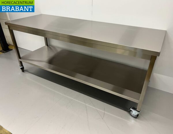 Mobiler Arbeitstisch auf Rädern aus Edelstahl 200 x 70 x 85 cm Catering – Bild 3