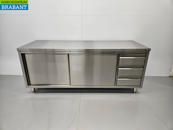 Edelstahl Premium-line Schrank Arbeitstisch 2 Schiebetüren und 3 Schubladen 200 cm Catering