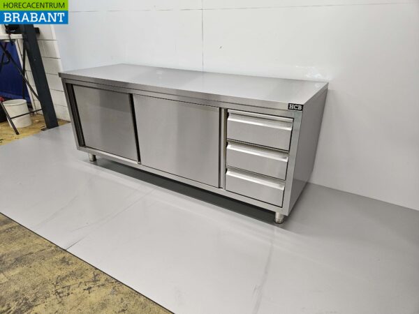 Edelstahl Premium-line Schrank Arbeitstisch 2 Schiebetüren und 3 Schubladen 200 cm Catering – Bild 2